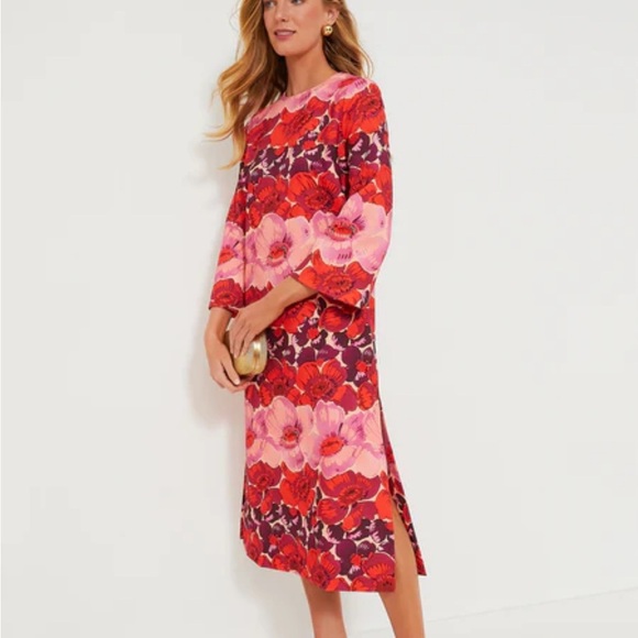 TUCKERNUCK Poppy Stripe Hutton Dress Pink Red Midi Relaxed Fit Sz XL NEW - Picture 1 of 15